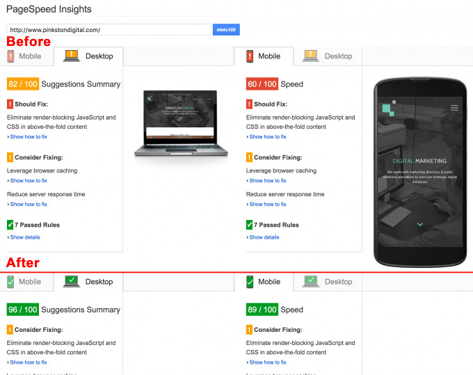 Pagespeed Insights Before After Optimizing Performance for websites built with Craft
